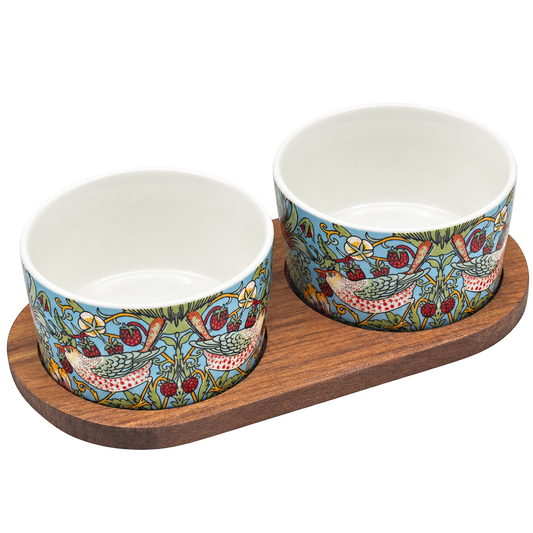 William Morris Strawberry Thief set of two ceramic snack bowls on a wooden serving tray