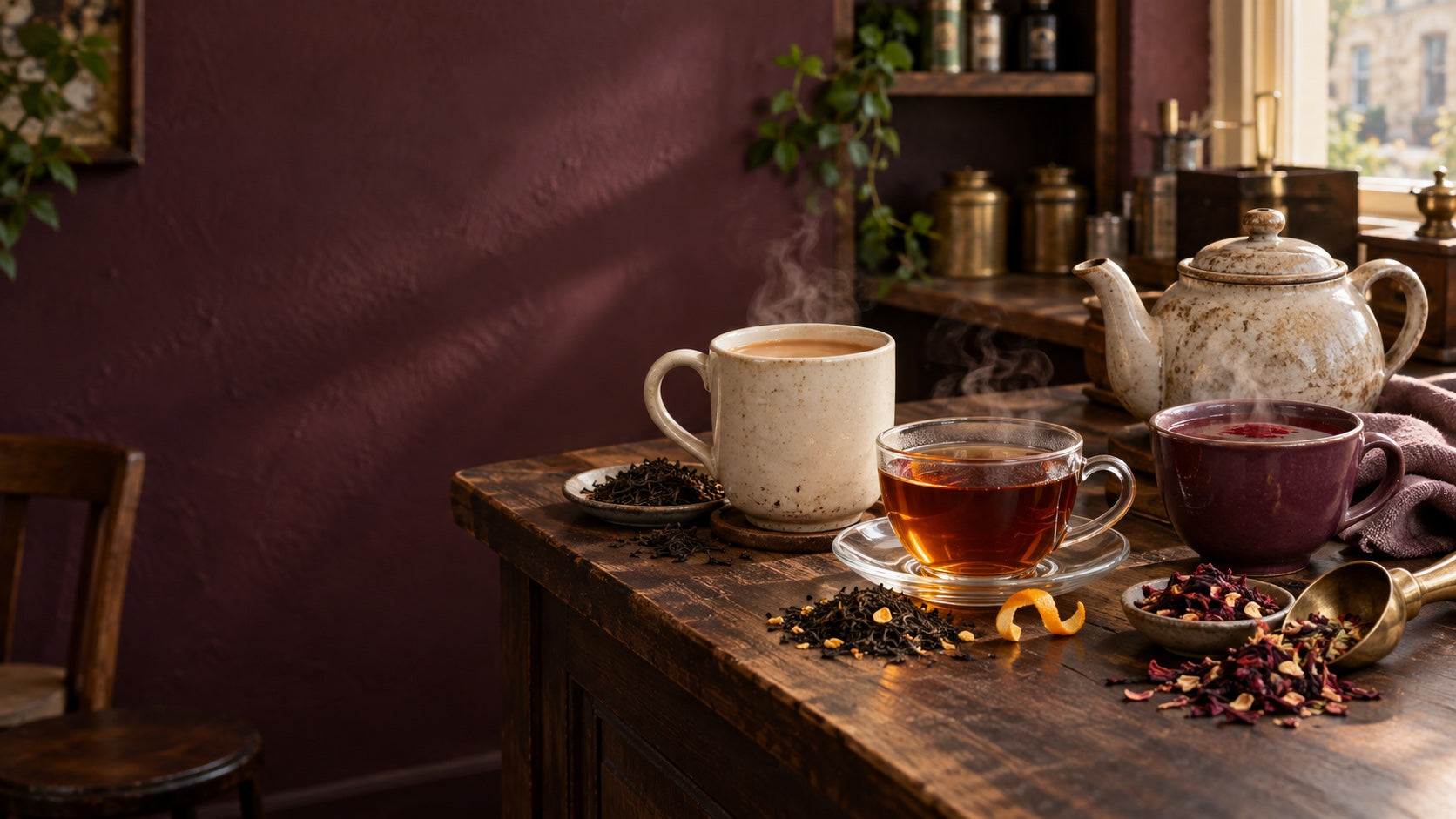 Three cups of loose leaf tea and a teapot on a wooden table