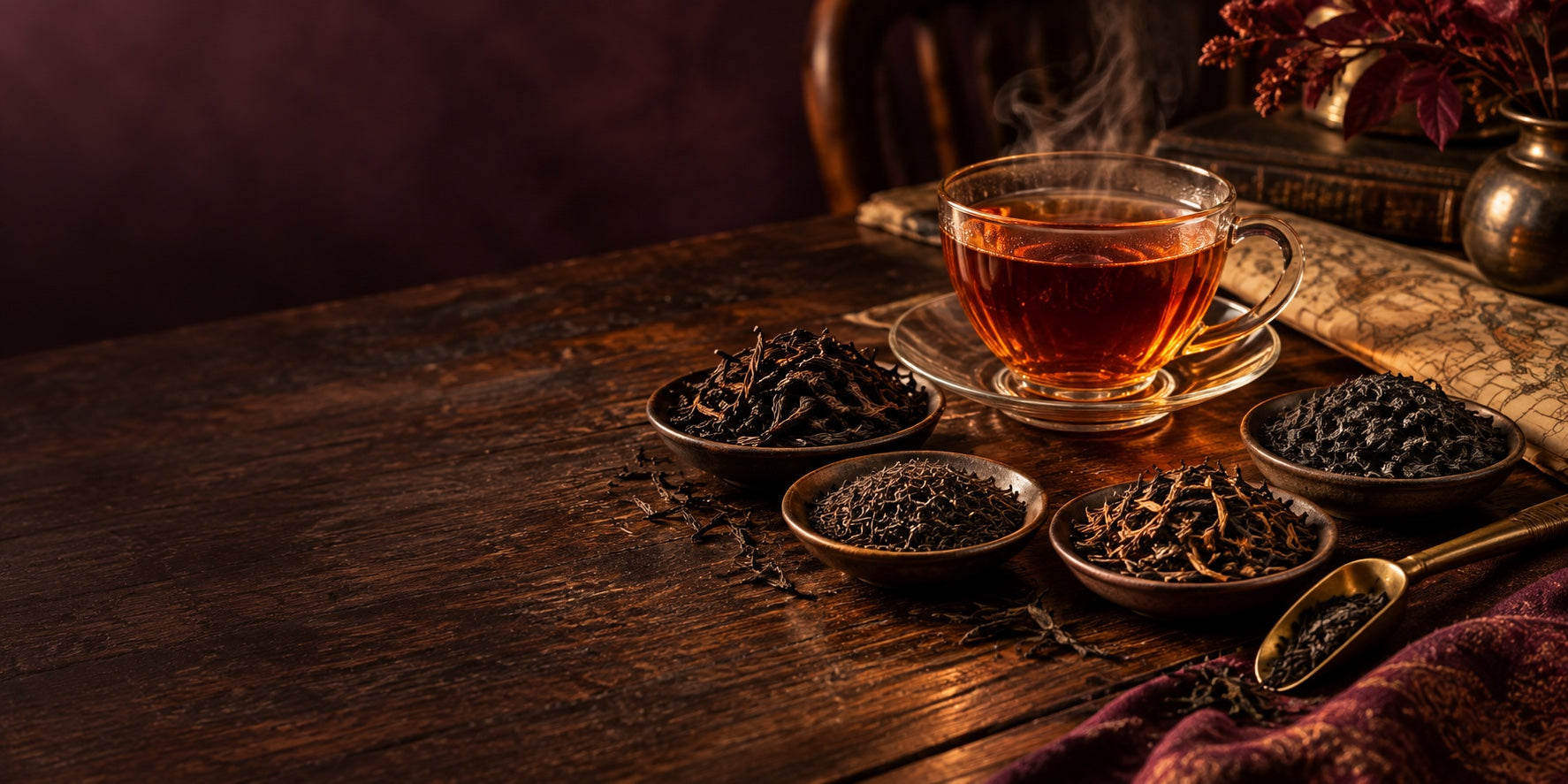 A steaming glass cup of amber black tea surrounded by distinct loose leaves from several tea origins on a dark wooden table