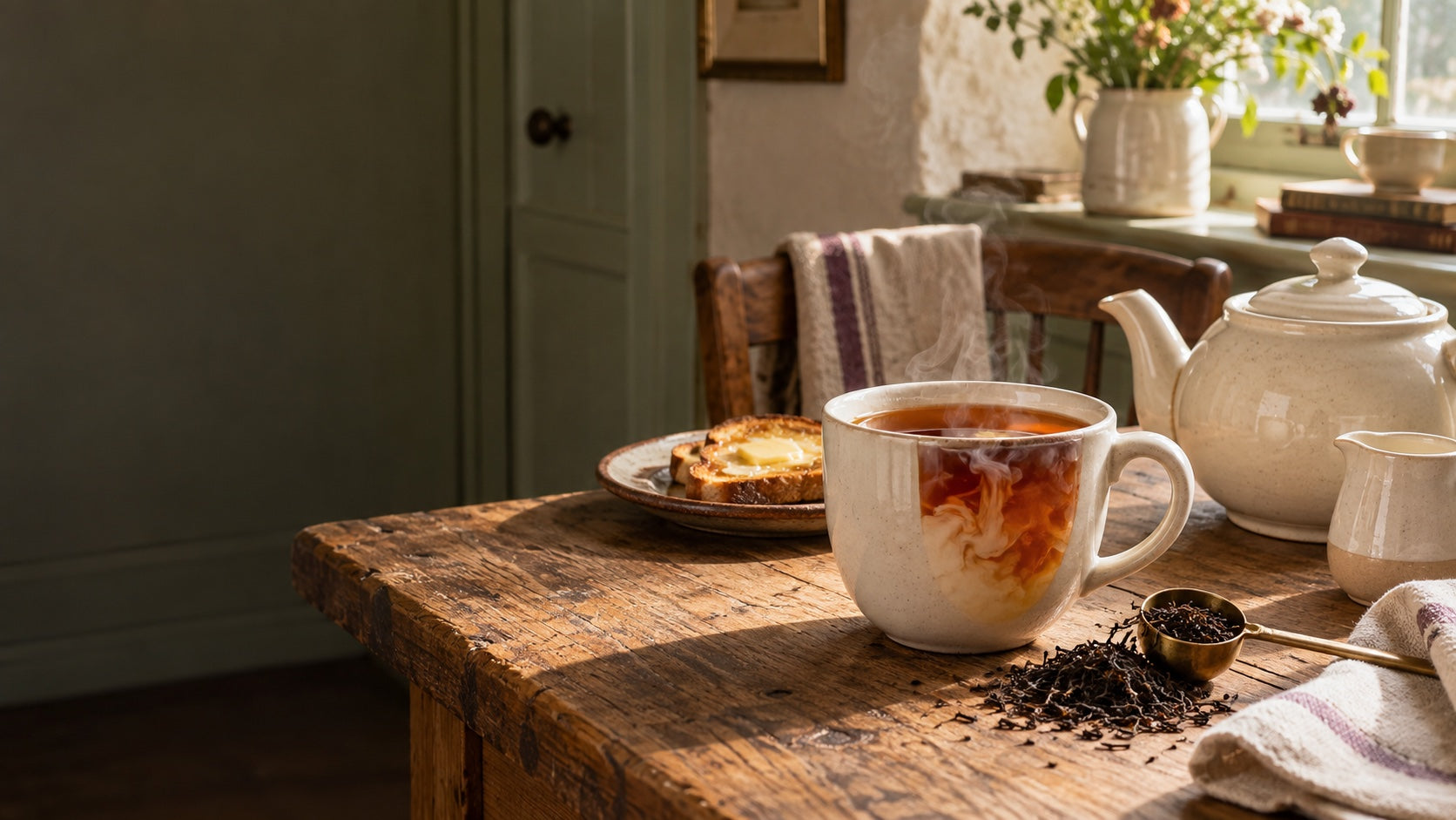 A steaming mug of breakfast tea with milk, a ceramic teapot and loose black tea on a sunlit Yorkshire kitchen table