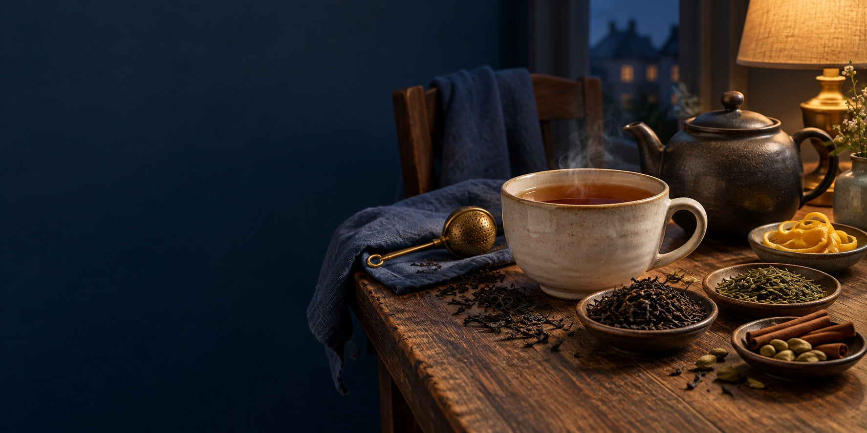 A steaming cup and teapot at blue hour with black tea, bergamot peel, chai spices and Japanese sencha leaves