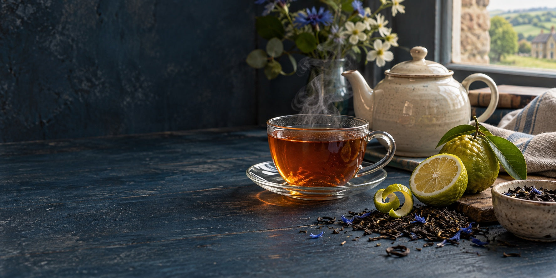 A steaming glass cup of Earl Grey with bergamot citrus, loose black tea and a handmade teapot on a deep blue table