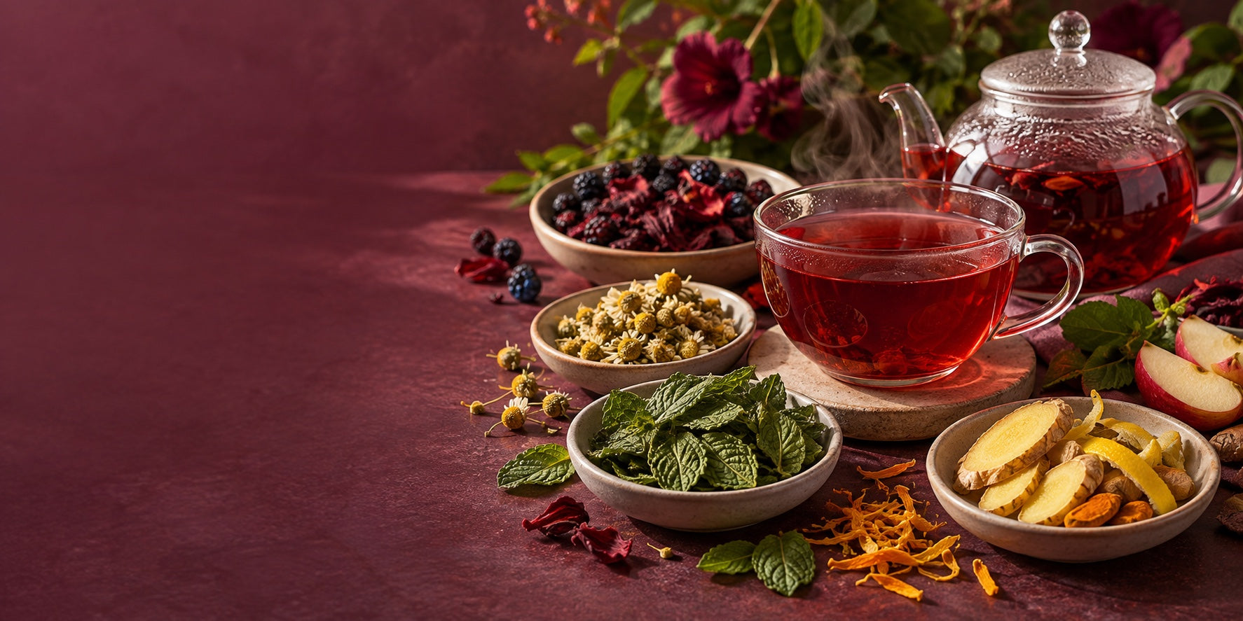 A vivid ruby fruit infusion with berries, hibiscus, peppermint, chamomile, ginger and lemon on a deep plum botanical table