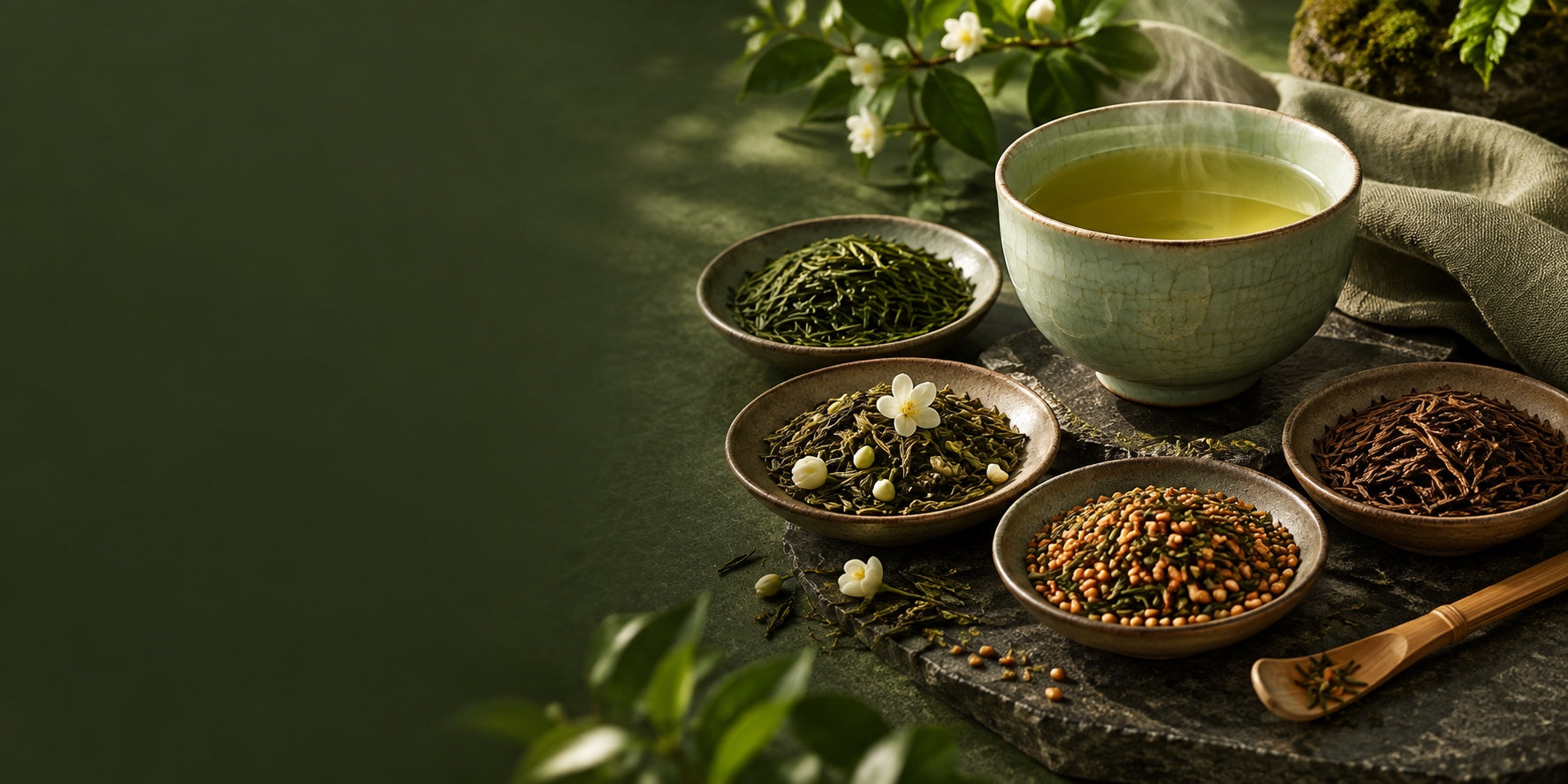 A steaming celadon cup of green tea with Sencha, jasmine green tea, Genmaicha and roasted Hojicha leaves on a deep green table