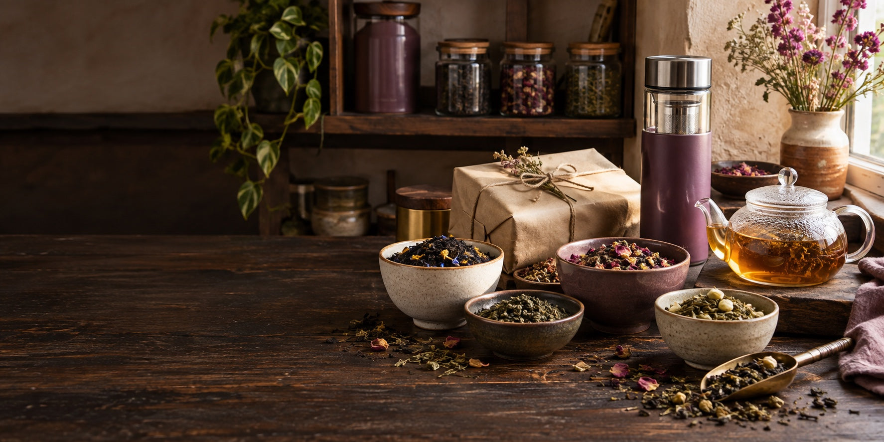 New teas, teaware and a wrapped parcel arranged on a warm wooden tea-shop counter