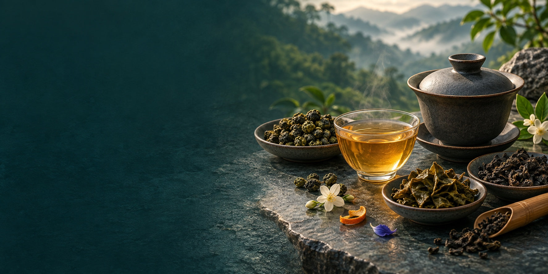 A misty mountain oolong tea setting with a gaiwan, honey-coloured tea and rolled, opened and twisted oolong leaves