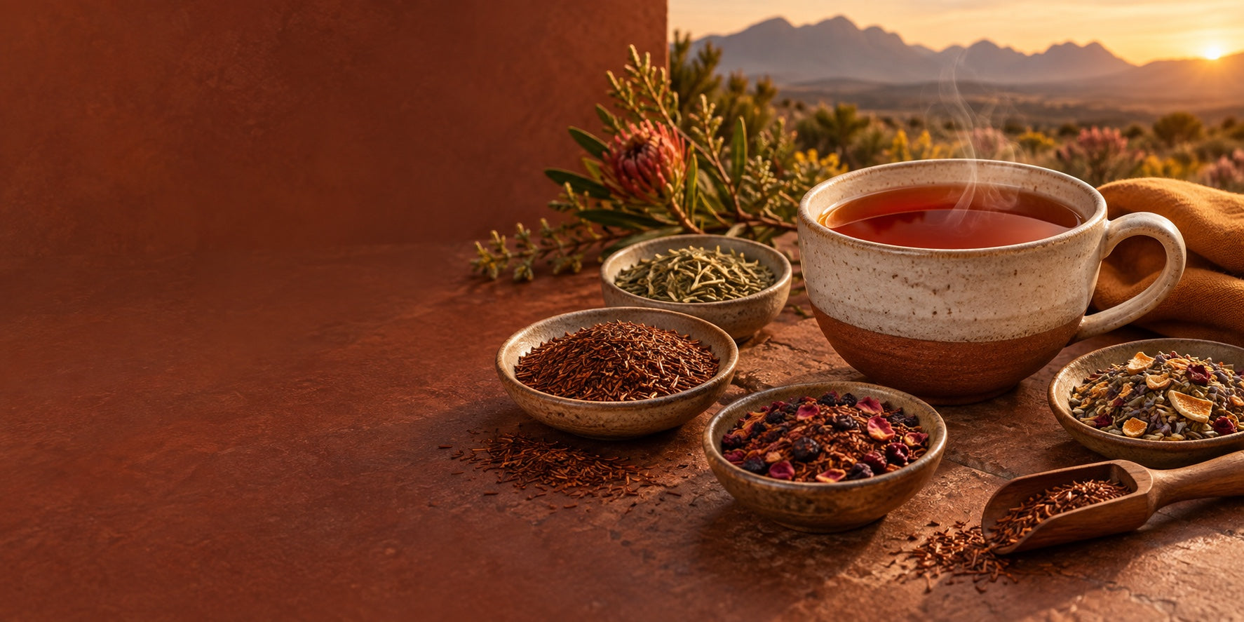 Amber rooibos tea in a handmade cup with red bush leaves, green rooibos and berry blends in warm evening light